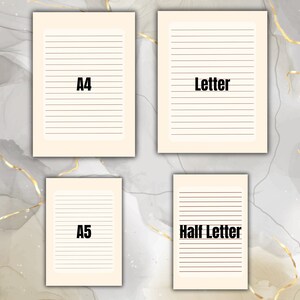 May include: Four printable lined paper templates in different sizes: A4, Letter, A5, and Half Letter. The templates are on a cream background with black lines.