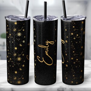 May include: Three black and gold glitter stainless steel tumblers with a celestial design. The middle tumbler has the name "Emily" written in gold script.