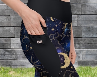 Psychedelic Print Womens Leggings With Pockets, Boho Celestial festival clothing, Burning man rave outfit, Casual yoga workout pants