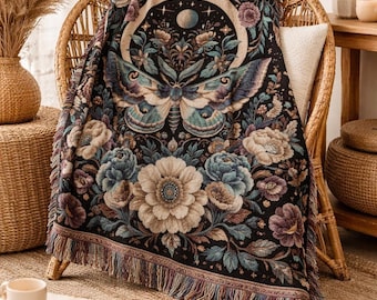 Botanical Moon Tapestry, Whimsigoth Boho Blanket, Celestial Sofa Throw, Cottagecore Bedding, Dark Academia Fringed Floral Woven Blanket