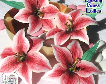 6 STARGAZER LILIES 3D Edible Wafer Paper Lily Flowers - Pink White Blue Orange Cake Decorations