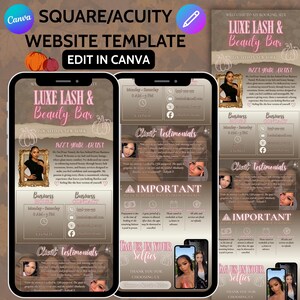 Puede incluir: Una plantilla de sitio web para un salón de belleza, con un diseño de colores neutros. La plantilla incluye secciones para información comercial, testimonios de clientes y un llamado a la acción. El texto "LUXE LASH & Beauty Bar" se muestra de forma destacada.