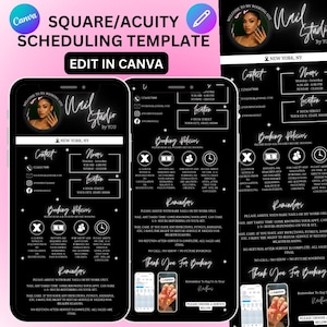 May include: Black and white digital template for a nail studio, featuring a phone screen design with contact info, booking policies, and reminders. The template includes the text "Nail Studio by You" and "Edit in Canva."