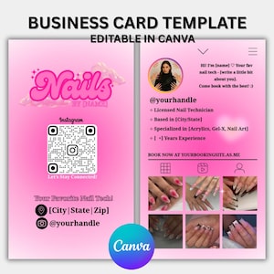 May include: A pink business card template with the word "Nails" in a bubble font. The card includes a QR code, Instagram handle, and contact information. The design is editable in Canva and features nail art examples.