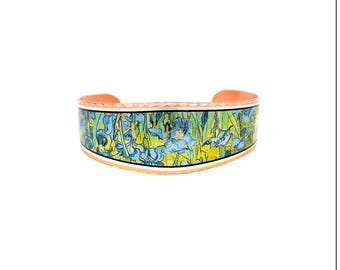 Kupfer Manschette Blaue Iris Blumen Armbänder, Van Gogh ist eines der Meisterwerke der gemalten Kunst Schmuck, Sonnenblume Armbänder van Gogh Schmuck