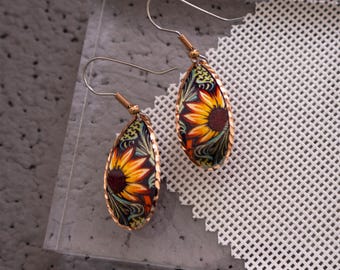 Sonnenblume Kupfer Ohrringe | Handwerklich gefertigte Blumenohrringe Boho Blumen Schmuck für Frauen | Teardrop Ohrringe | Geschenkbox inklusive