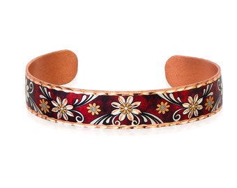 Artisan Copper Flower Cuff Bracelets with Daisy Flowers and  Red Backdrop, Valentine's Day Jewelry Bracelets, Valentines Day Gifts for Her