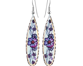 Handmade Copper Earrings in  Blue/Purple Floral Earrings Teardrop Women. Blue Earrings Women Teens Blue Flower Earrings with Silver Backdrop