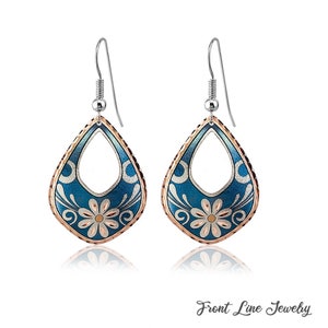 Blue Flower Earrings Handmade Jewelry Daisy Flower Earrings Teardrop Flower Hoop Earrings Cut Out Earrings Flower Jewelry