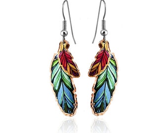 Native Feather Earrings Blue Feather Earrings - Feather Dangle Earrings-Red Feather Earrings Feather Jewellry, Raven Jewelry Feather Art