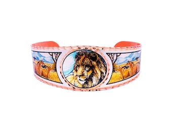 Handmade Copper Lion Cuff Bracelet, African Savanna Wildlife Jewelry, Adjustable Big Cat Art Bracelet, Gift for Lion Lovers