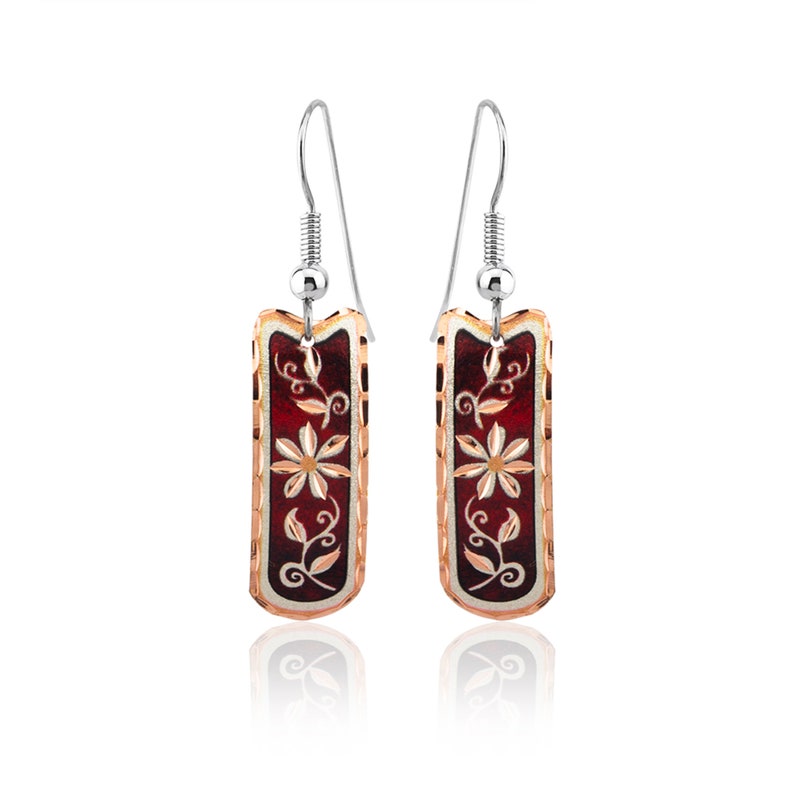 Rectangular Shape Daisy Earrings with a Red Backdrop Red Flower Earrings Artisan Copper F 32 Daisy Flower Drop Earrings