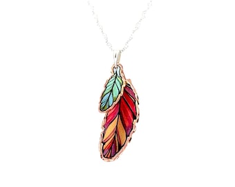Collares con colgante de pluma hechos a mano, collares con colgante de cobre, collares con colgante de pluma roja, collares con colgante de pluma en capas, multicolor