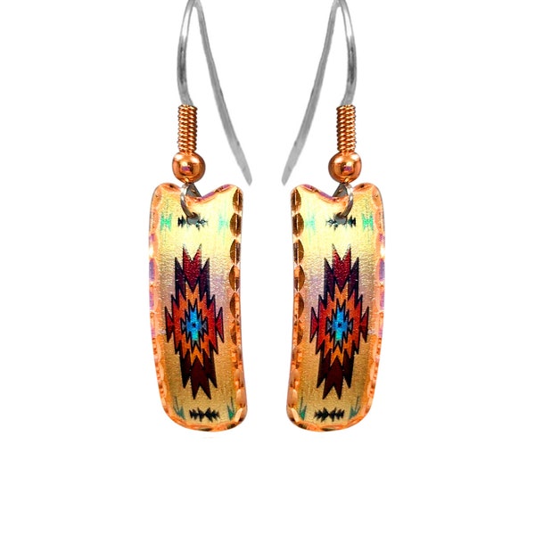 Southwest Native American Sunburst Earrings Colorful -Turquoise Color, Copper Handmade Rectangular Native Earrings Women, Santa Fe Jewelry