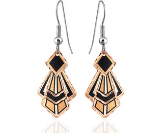 gold-steel earrings or optional gold-filled rhodied metal and crystal earrings with Art Deco-style fans