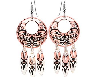 Handgefertigte Totem-Ohrringe aus Kupfer, Schmuck der amerikanischen Ureinwohner des Nordwestens, Motive mit Adler, Bär, Rabe und Wolf
