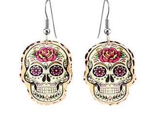 Tag der Toten Ohrringe für Frauen, Calaveras, Dia delos Muertos, Sugar Skull Ohrringe, Kupfer handgefertigter Schädel Schmuck