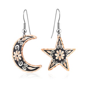 Mismatched Moon & Star Earrings – Artisan Celestial Jewelry – Earth Tone Dangle Earrings – Handcrafted Boho Earrings for Women