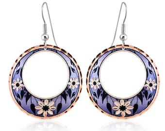 Boho Flower Hoop Earrings – Handmade Copper Hoops with Off-Center Floral Cutout – 10 Color Options – Artisan Statement Earrings Floral Hoop