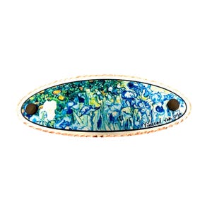 Pinza para el cabello artesanal con lirios de Vincent van Gogh, accesorio ovalado para el cabello, pasador francés, joyería artística para el cabello, regalo de joyería Van Gogh para ella.