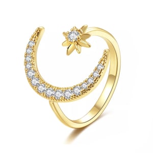 AAA Cubic Zirconia Moon and Sun Star Statement Ring 925 Sterling Silver Plated Crescent moon Adjustable Band Ring