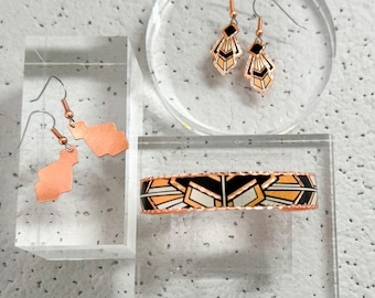 Fan Shaped Earrings, Art Deco Earrings, Art Nouveau Style Jewelry, Art Deco Drop Earrings, Trapezoid Earring, Art Deco Bracelet, Copper Cuff