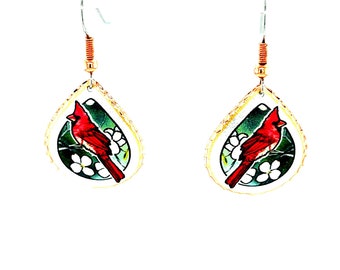 Handgemachte Kupfer Rote Kardinal Ohrringe | Tropfen Vogel Schmuck | Geschenk für Vogel-Liebhaber