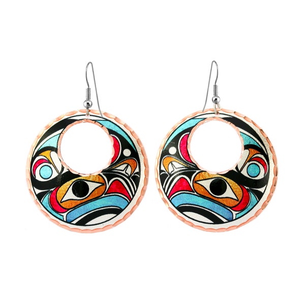Artisan Copper Eagle Earrings Totem Earrings, NW Native Haida Indian Jewelry Bear Totem Earrings, Tribal Earrings Wildlife Earrings Hoop