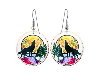 Bunter Wolf Kupfer Ohrringe - Handgemachter Boho Schmuck, Natur inspirierte Tier Ohrringe, Handwerker Geschenk für Sie