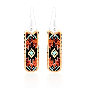 May include: A pair of dangle earrings with a geometric pattern in shades of brown, black, and turquoise. The earrings are made of metal and have a silver hook.