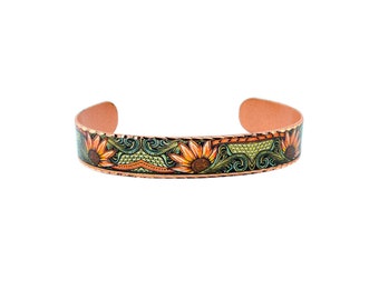 Rustic Copper Sunflower Cuff Bracelet – Handmade Autumn Jewelry, Vintage Boho Style, Thanksgiving Gift for Her, Western Sunflower Jewelry