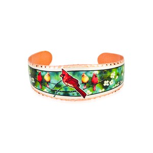 Green Tone Red Cardinal Bracelets Cuff, Open-ended Cardinal Bird Cuff, Red Cardinal Bird Lovers&#39; Gifts, Bird Jewelry, Cardinal Gifts