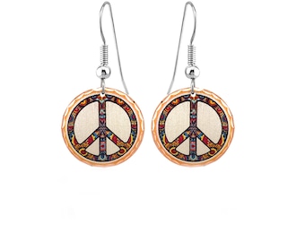 Dangle Peace Sign Earrings Peace Jewelry, Handcrafted Copper Peace symbol Earrings Women Girls