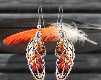 Native Red-tailed Hawk feather Earrings Overlapped double feather dangle earrings Handmade from copper SW Native Jewelry Earrings