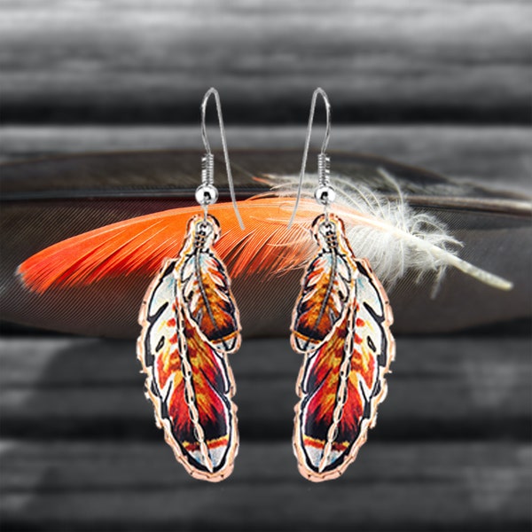 Native Red-tailed Hawk feather Earrings Overlapped double feather dangle earrings Handmade from copper SW Native Jewelry Earrings