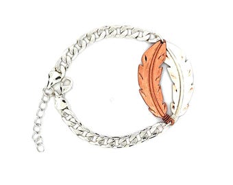 Handgefertigtes Feder Armband – Edelstahl Panzerkette mit Cutout Feder Anhänger – Verstellbares Armband für 16 - 18 cm Handgelenkumfang – Unisex Geschenk