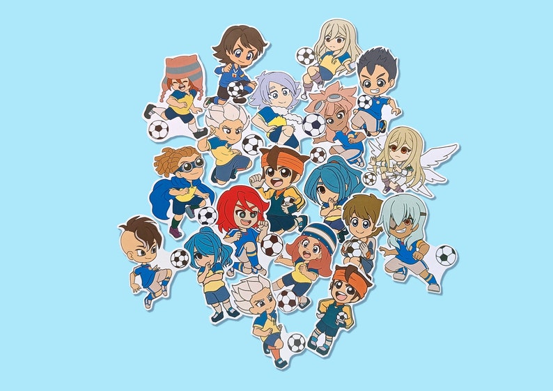 May include: A group of 18 cartoon characters playing soccer. The characters are all wearing blue and yellow soccer uniforms and have different hairstyles and facial expressions. They are all holding soccer balls and some are kicking the ball. The background is a light blue color.