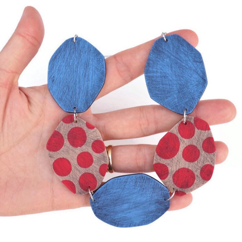 Statement Polymer Clay Bib Necklace in Red and Blue . image 4