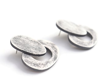 Large Modernist Stud Earrings With a Distressed Finish. White Statement Earrings.