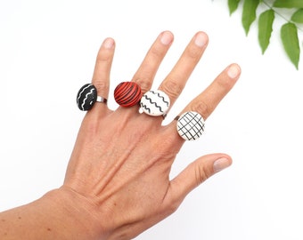 Large Domed Circle Ring, Artsy Statement Rings, Semi-sphere Adjustable Rings, Polymer Clay Statement Ring