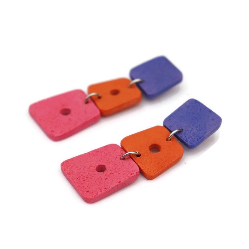 Modernist Polymer Clay Dangle Earrings .Orange Pink Blue Earrings .