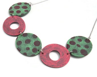 Statement Spotty Polymer Clay Bib Necklace In Green and Pink.