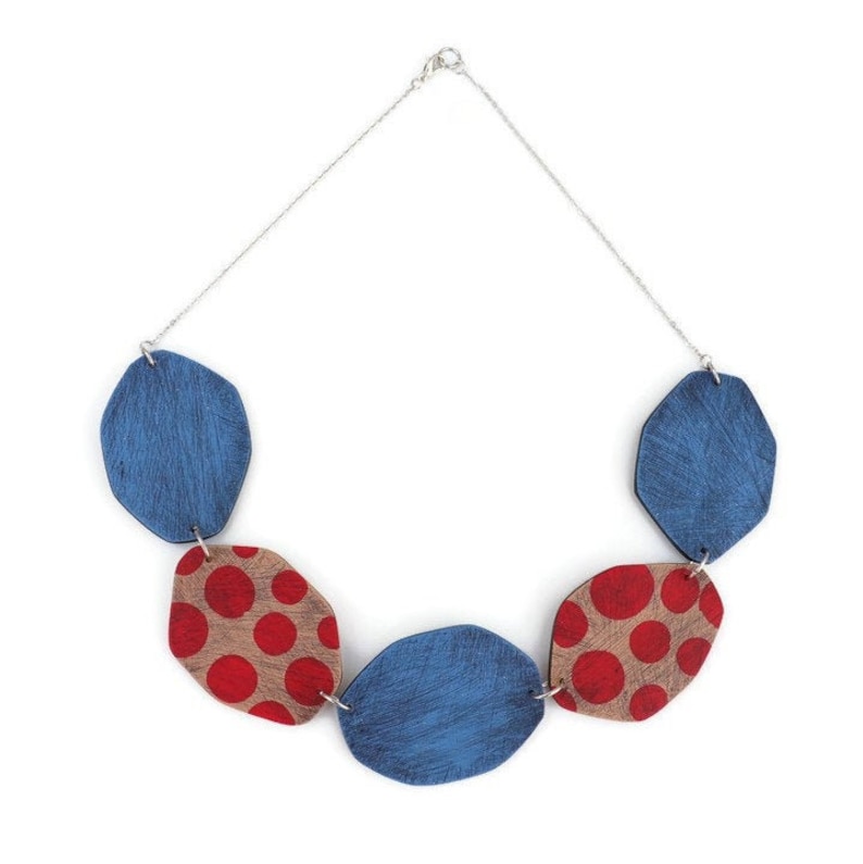 Statement Polymer Clay Bib Necklace in Red and Blue . image 3
