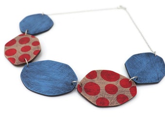 Statement Polymer Clay Bib Necklace in Red and Blue .