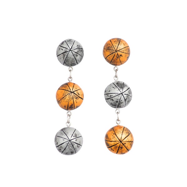 Long polymer clay domed circles earrings, Gold and Silver tone dangle earrings, Handcrafted statement earrings, Wedding party earrings,