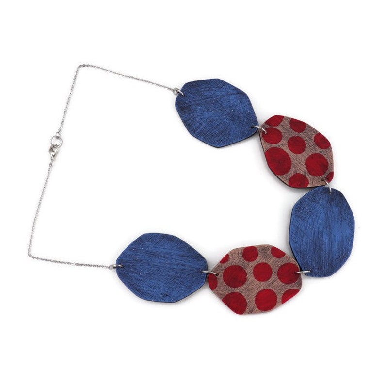 Statement Polymer Clay Bib Necklace in Red and Blue . image 6