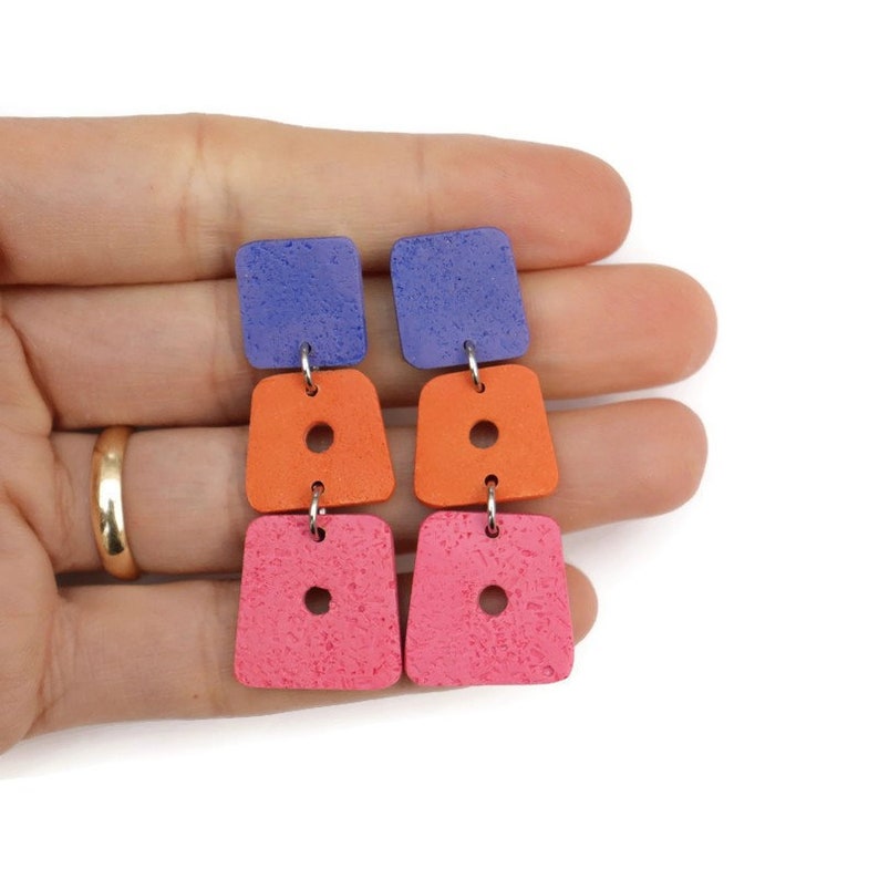 Modernist Polymer Clay Dangle Earrings .Orange Pink Blue Earrings .