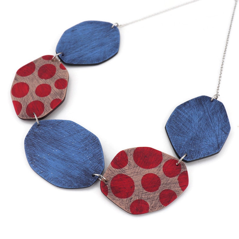 Statement Polymer Clay Bib Necklace in Red and Blue . image 5