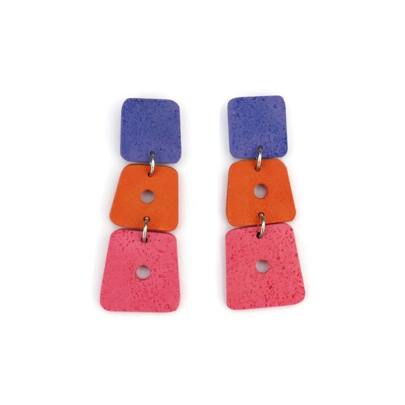 Modernist Polymer Clay Dangle Earrings .Orange Pink Blue Earrings .
