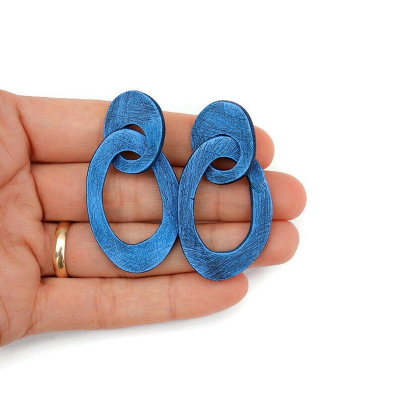 Blue Modernist Polymer Clay Link Chain Earrings With a Distressed Finish , Statement Blue Earrings. image 5